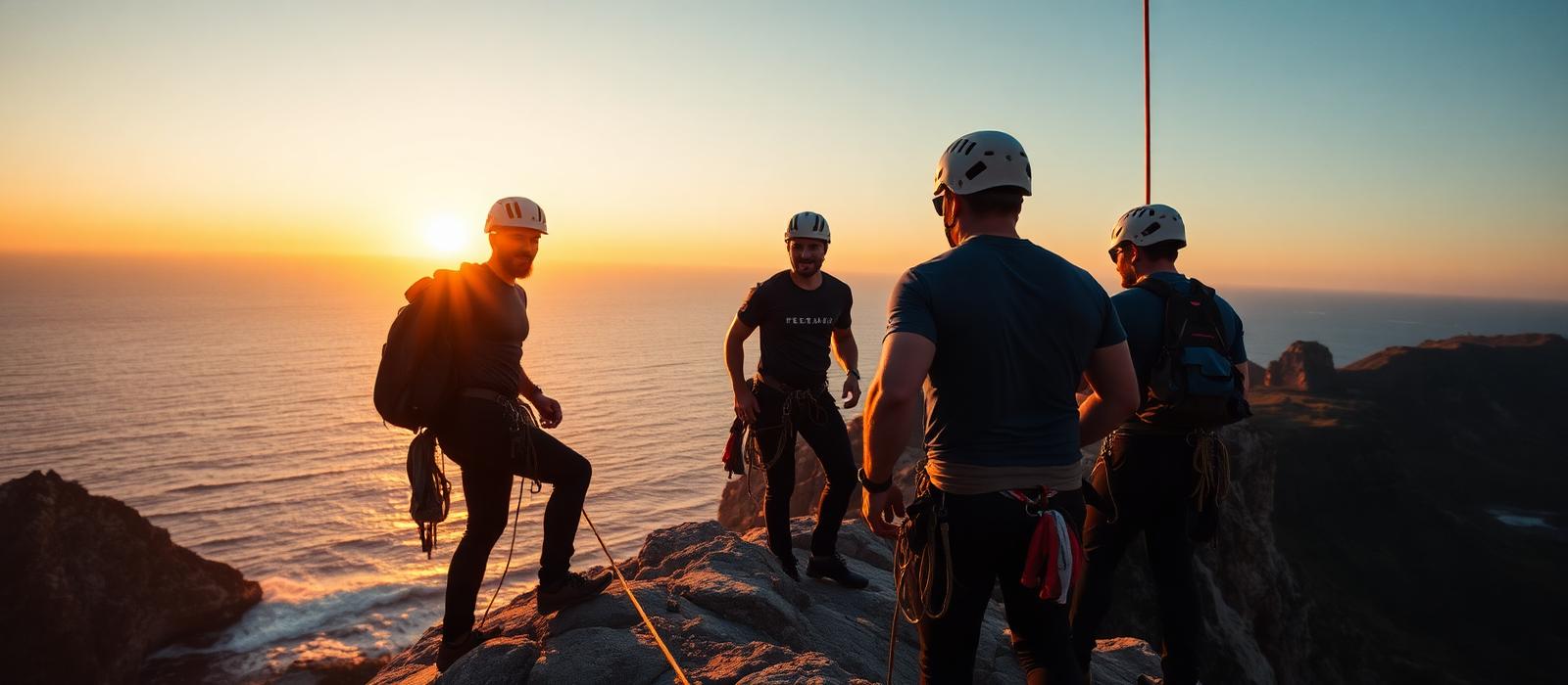 Crew abseiling on coastal cliffs at sunrise